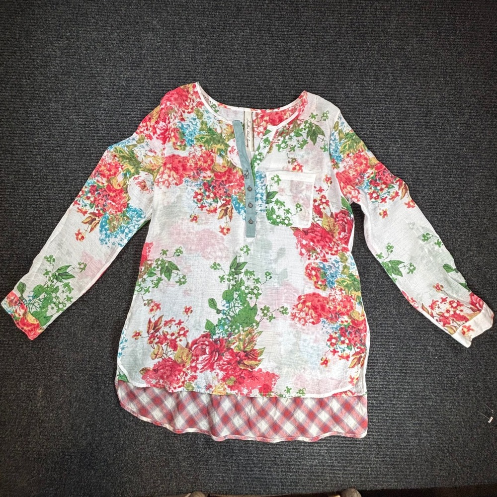 Aratta Silent Journey Floral Plaid Mixed Media Tunic Top Blouse ED16837 Womens M - Picture 1 of 7